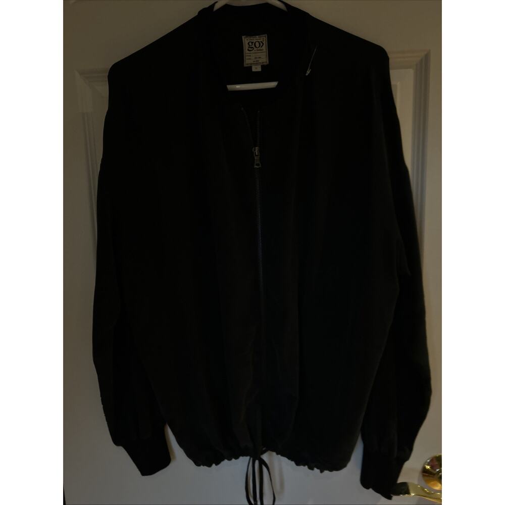 Go By GoSilk Womens Silk Full Zipper Bomber Jacket frawstring black sz L EUC